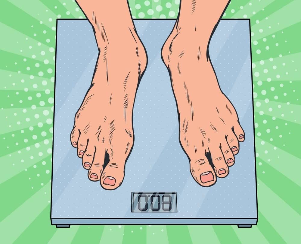 Pop Art Male Feet on Weighing Scales. Man Measuring Body Weight. Vector illustration